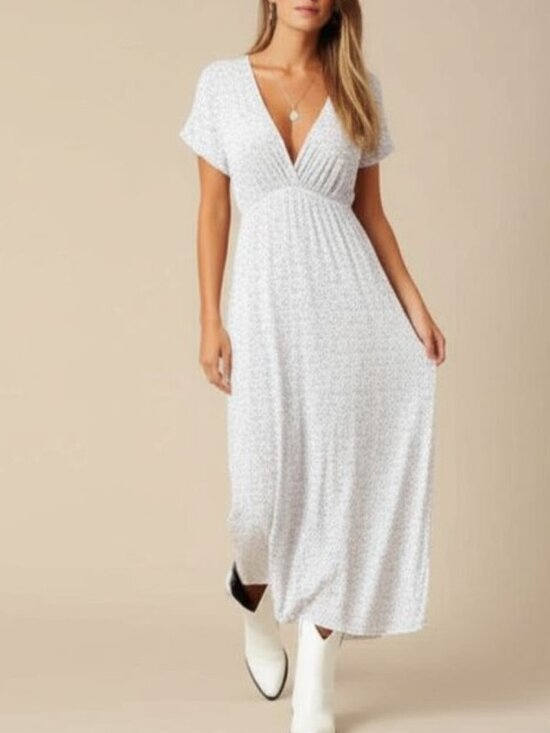 Made In Italy Dresses & Skirts - Made In Italy Short Sleeve Floral Print V Neck Maxi Dress White Pink Women's L